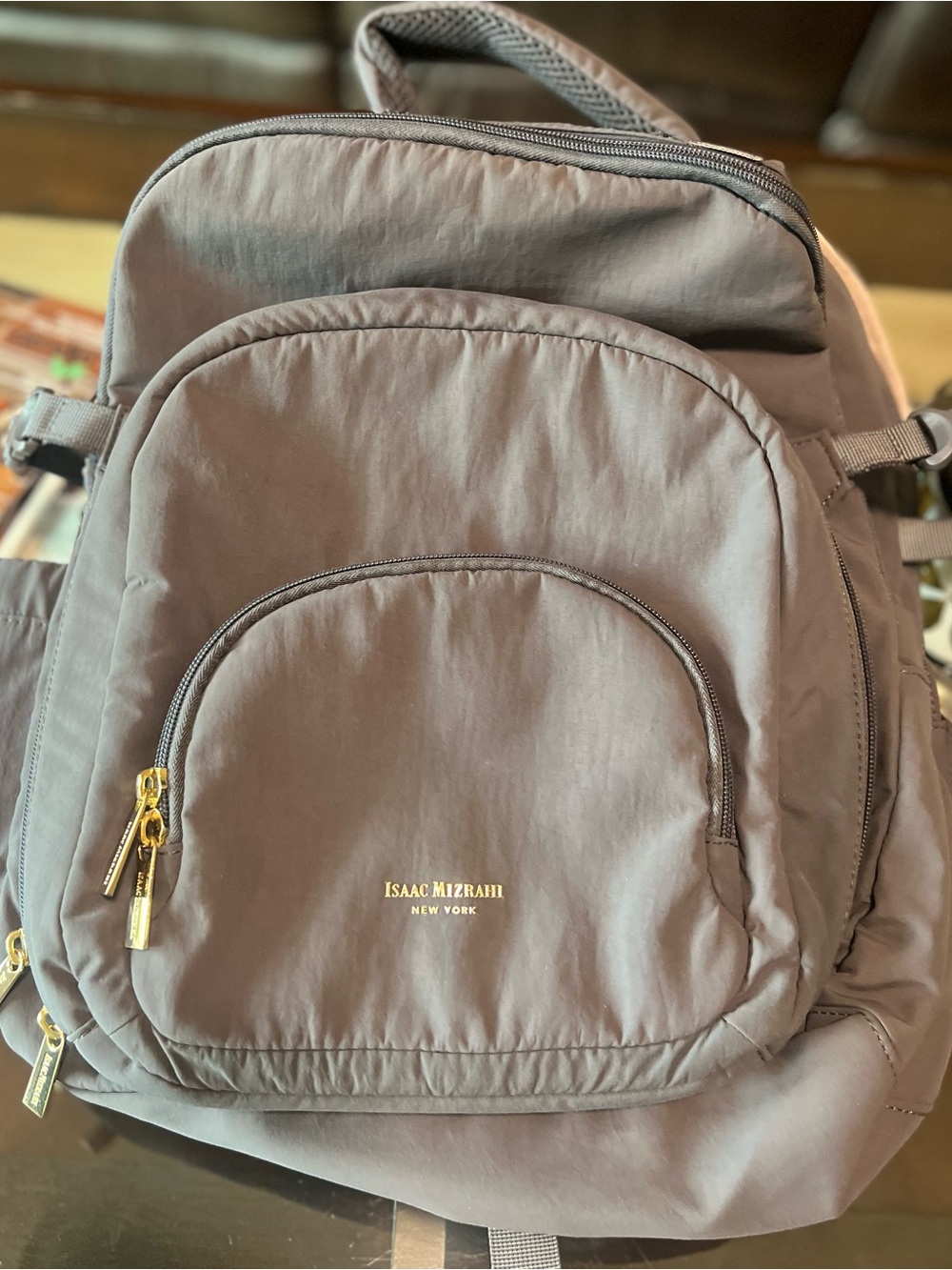 Isaac Mizrahi Full Size Grey Backpack with Gold Hardware - Picture 10 of 12